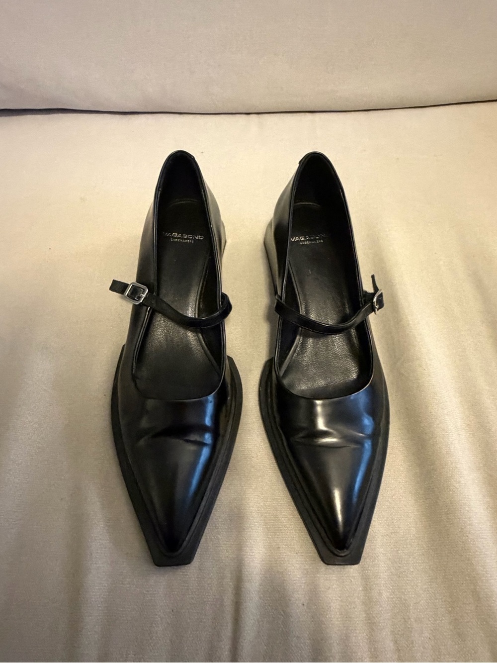 Vagabond Black Pointed Mary Jane Flats with Slim Buckle